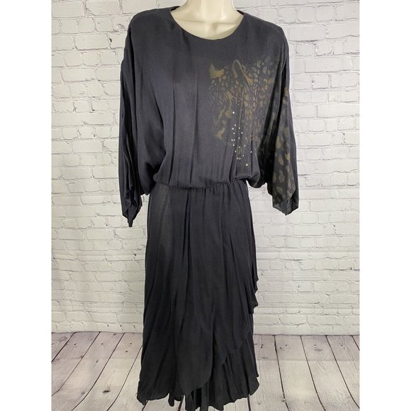 Vintage Sybil California Black Wool Blend Asymmetrical Layered Long Dress 14 - Picture 1 of 9